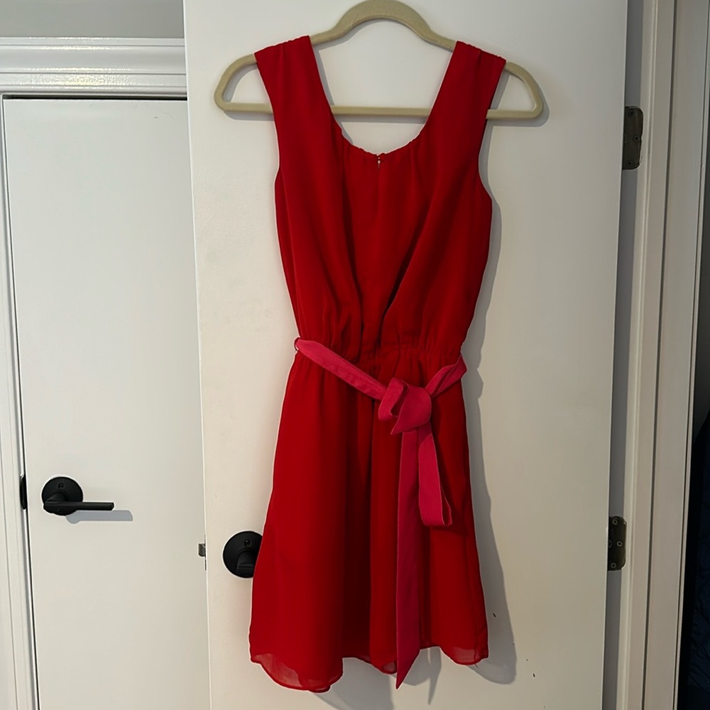 Red Dress with Pink tie Bow with Pockets